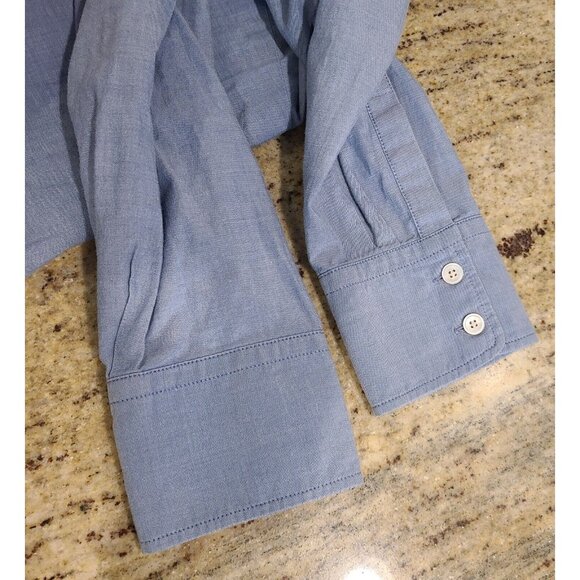 Talbots Top Women Sz 14 Blue Chambray Button Shirt Ruffle Front Roll Tab Sleeve - Picture 10 of 12